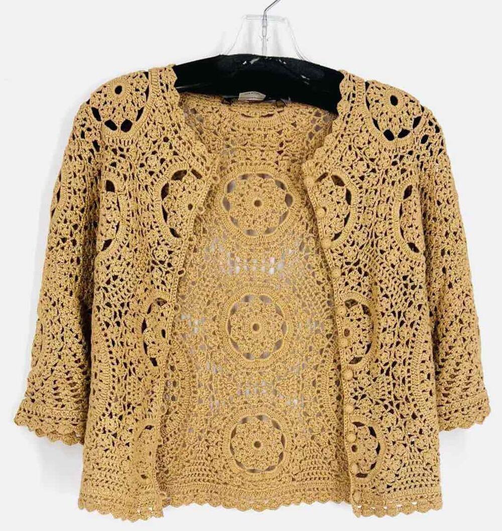 BCBGMaxazria Size S Tan/Gold Shimmer Crochet Designer Cardigan